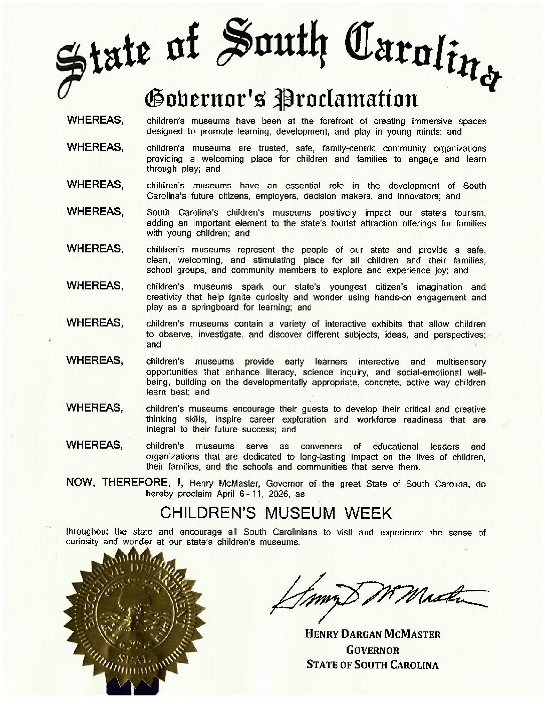 South Carolina Celebrates Children’s Museum Week April 6–11